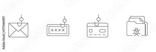 Phishing email, password scam, card theft, malware folder icon set, cyber security vector illustration, outline hacking symbol, minimal art.