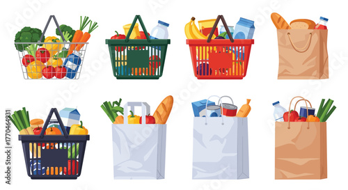Vibrant collection of fresh groceries overflowing from shopping baskets and paper bags, perfect for healthy eating and retail concepts