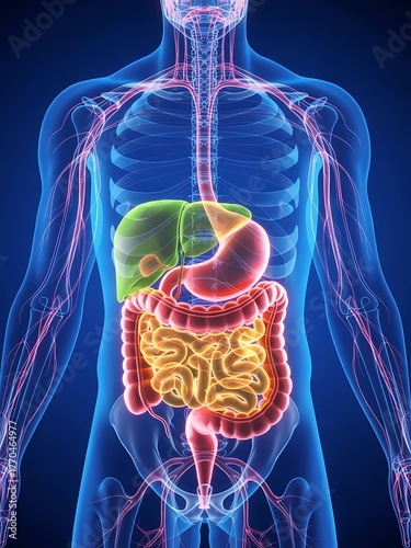 Human digestive system anatomy illustration with transparent body overlay