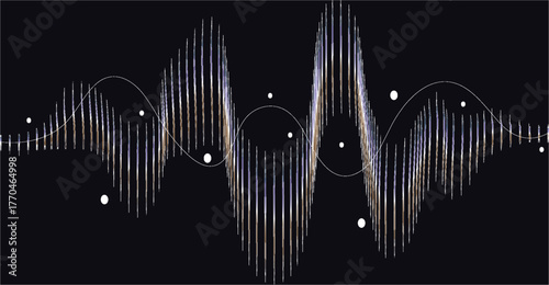 Abstract visual representation of sound waves, featuring vertical lines and circular elements against a dark background.