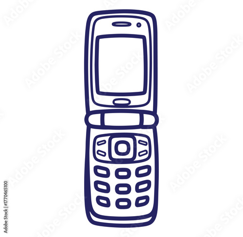 Vector illustration of a retro clamshell cellphone depicting outlined vintage mobile technology