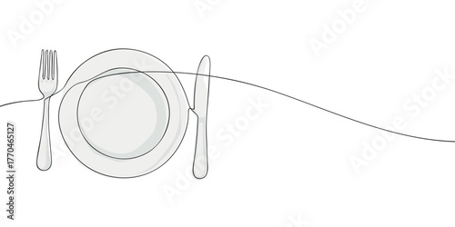 One line drawing of a plate, fork, and knife on white background. Minimal continuous line art for restaurant, dining, or food service design.