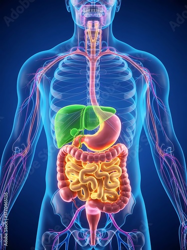 Human digestive system anatomy illustration with transparent body