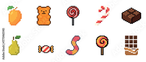 Pixel art candy collection: fruit, gummies, lollipops, and chocolate