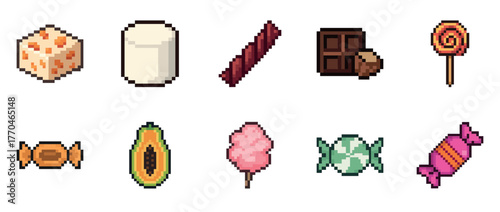 Pixel art candies: marshmallow, chocolate, licorice, and lollipop selection