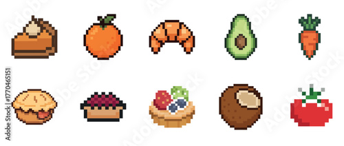 Pixel art food icons: pie, orange, croissant, avocado, carrot, berries