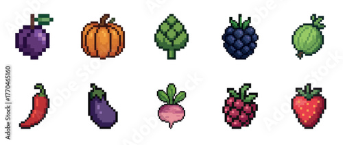 Colorful pixel art of various fruits and vegetables on white background