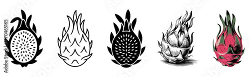 dragon fruit icon set with whole, sliced and colored pitaya symbols, vector illustrations for tropical food and healthy eating