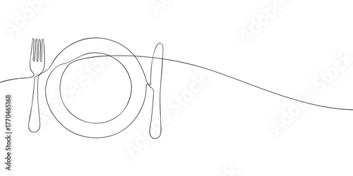 Continuous one line drawing of a plate, fork, and knife. Minimal vector illustration representing dining, food service, restaurant, and table setting concept for design and print.