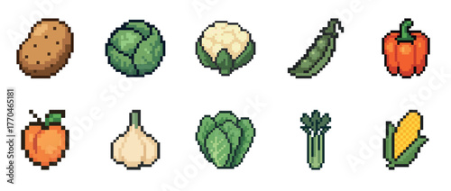 Pixel art vegetables: potato, cabbage, cauliflower, zucchini, bell pepper, tomato, garlic, lettuce, celery, corn