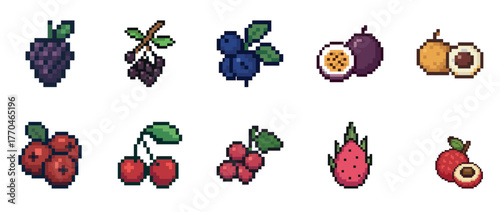 Pixel art fruits collection: grapes, cherries, blueberries, passion fruit, lychee, dragon fruit