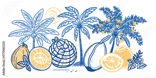 Colorful illustration of tropical fruits and palm trees in a playful design
