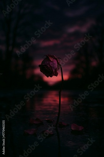 Lone flower silhouette against a vibrant pink sunset reflected in dark water