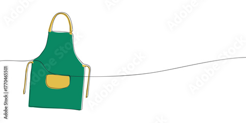 One line drawing of a green kitchen apron with yellow straps and pocket. Minimal continuous line art for cooking, chef, and restaurant design projects.
