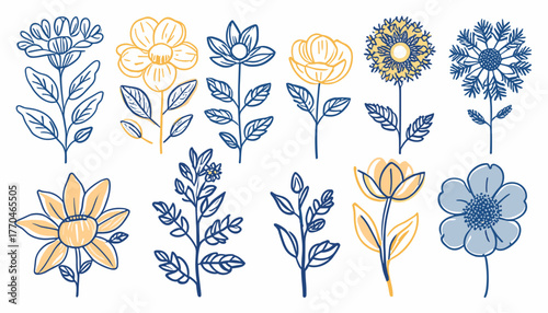 Colorful floral illustrations in blue and yellow tones featuring various flower types