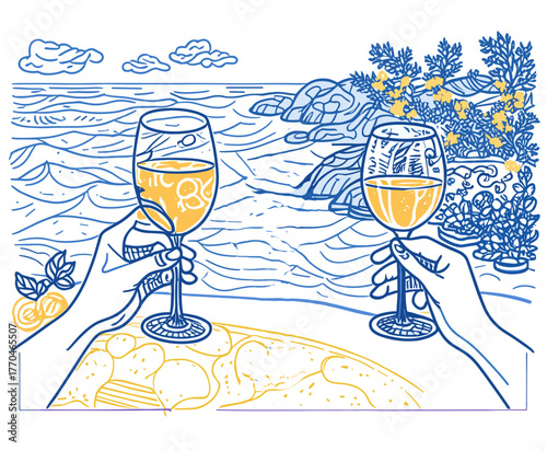 Two hands holding wine glasses by a beach with a scenic ocean view in blue and yellow tones