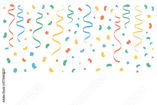 Colorful streamers and confetti fall from above, celebrating a festive occasion.