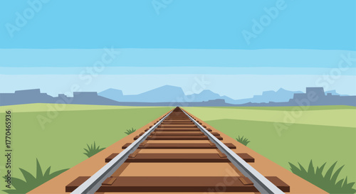 Endless train tracks stretch across vast green plains towards distant blue mountains under a clear sky