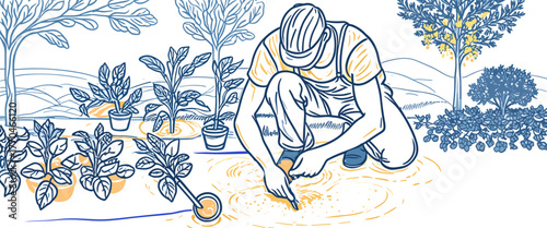 Gardener planting seedlings in the soil with care and attention in a lush garden