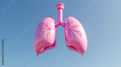 Vibrant pink balloon lungs float dreamily against clear blue sky, symbolizing health, breath, and airy freedom for medical or wellness campaigns.