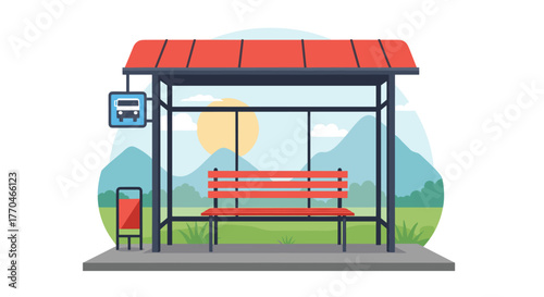 Serene bus stop shelter with red bench against a bright mountain landscape and sunny sky, perfect for travel themes