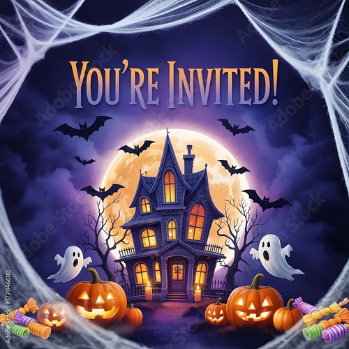 Spooky halloween haunted house invitation with pumpkins and ghosts