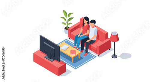 Young couple relaxing together on a comfy sofa, enjoying a movie night indoors with a modern television and cozy living room ambiance