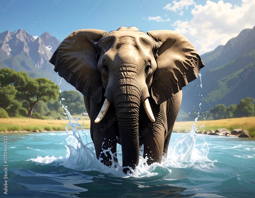 Fototapeta premium A majestic pachyderm walks through water, creating splashes. The background features mountains, grass, and a bright blue sky