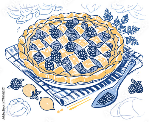 Hand drawn tropical beach with palm trees sun sea waves and mountains in blue yellow colors