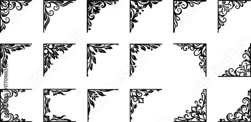 Decorative Floral Corner Ornaments Set in Black and White, Ornamental Dividers