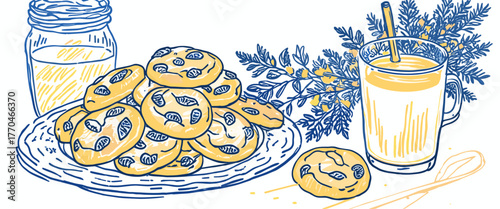 Plate of freshly baked cookies with a glass of smoothie for a delightful snack