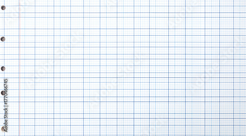 Crisp graph paper with blue grid lines and binder holes offers a clean canvas for data analysis, planning, or creative projects.