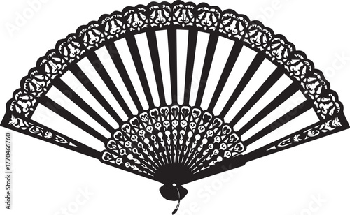 Elegant black silhouette of an open folding fan with intricate lace detail