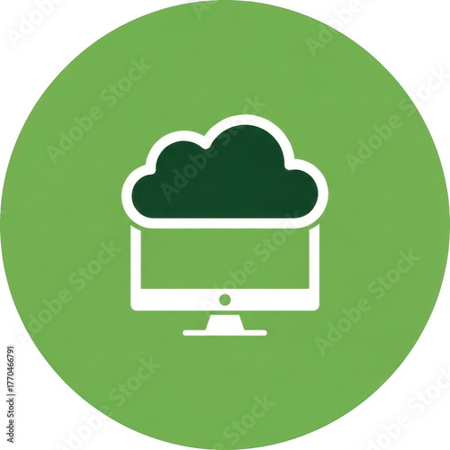 Green icon of a computer with a cloud above it, representing cloud computing isolated on transparent background