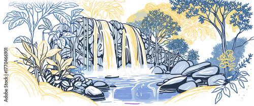 Waterfall cascading into a serene pool surrounded by lush vegetation