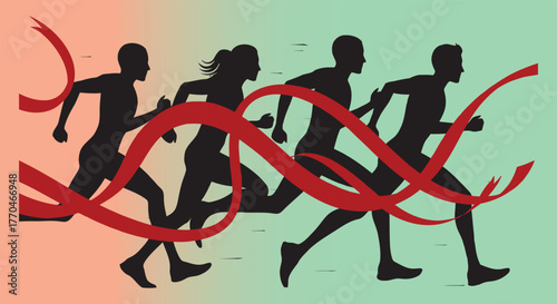 Runners crossing finish line with red ribbon running