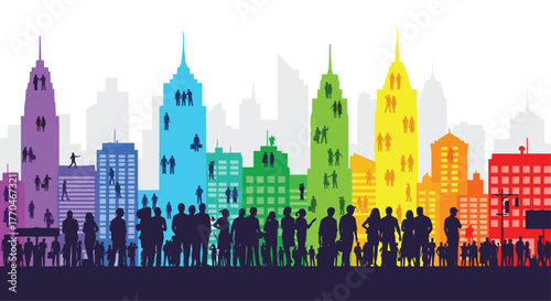 Vibrant cityscape teems with diverse silhouettes of people, symbolizing community, urban life, and connection, ideal for dynamic business themes