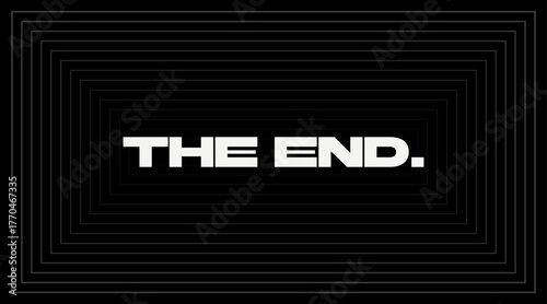 Screensaver with bold text The End on black background with lines in modern style. Movie or game ending screen. Vector illustration.