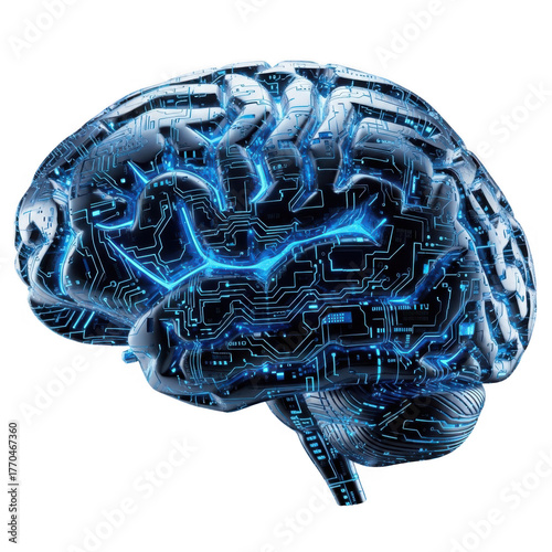 Artificial intelligence brain with circuit pattern isolated on transparent background is shown