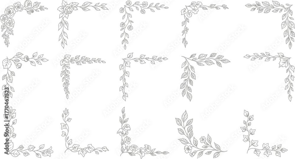 Obraz premium Floral Corner Ornament Collection, Decorative Frame, Leaves, Elegant Border Design, Line Art