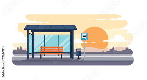 Serene sunset paints the sky over a quiet bus stop, promising peaceful journeys and thoughtful moments of reflection