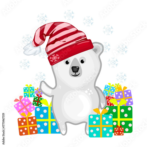 Christmas polar bear with gift box isolated on white background. Teddy with Santa hat and pile presents. Bear wearing red cap, gift boxes and snowflakes around. Festive winter bear.Vector illustration