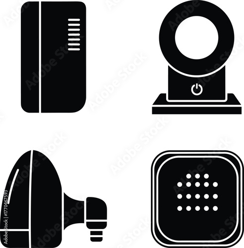 Four black icons of household appliances and electronics