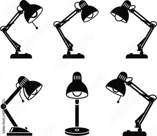 Six black silhouettes of adjustable desk lamps lighting