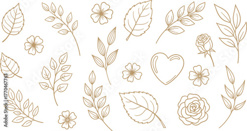 Golden Floral and Heart Outlines on White Leaf, Rose, Blossom, Branch Elements