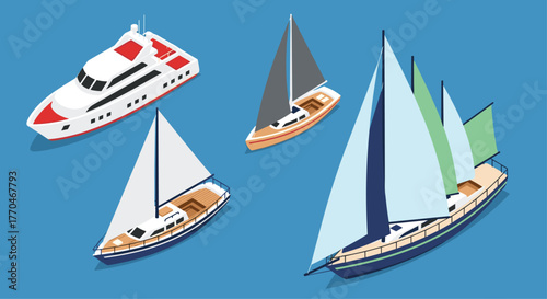 Luxury yacht and sailboats glide across clear blue ocean waters showcasing modern maritime transport and leisure activities