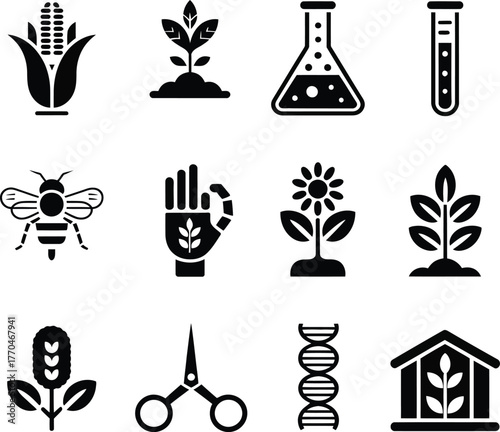 Corn plant bee flask test tube robot hand flower DNA scissors greenhouse