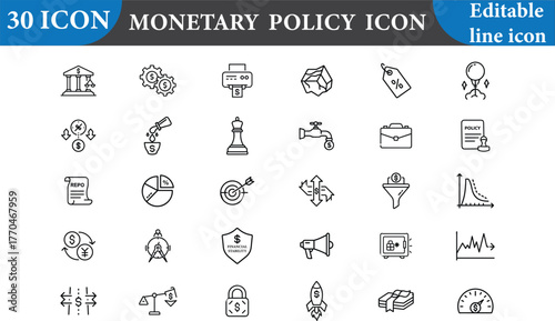 This is a monetary policy icon set isolated on white background. This set includes icons such as bank, money, investment, and more. Editable line icon. Vector illustration.
