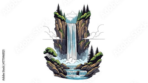 Tall waterfall cascading over rocks with trees and mist, colorful black outline realistic art, smooth flowing minimal vector on white background