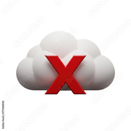 Cloud with a red cross symbol indicating a problem or error isolated on transparent background